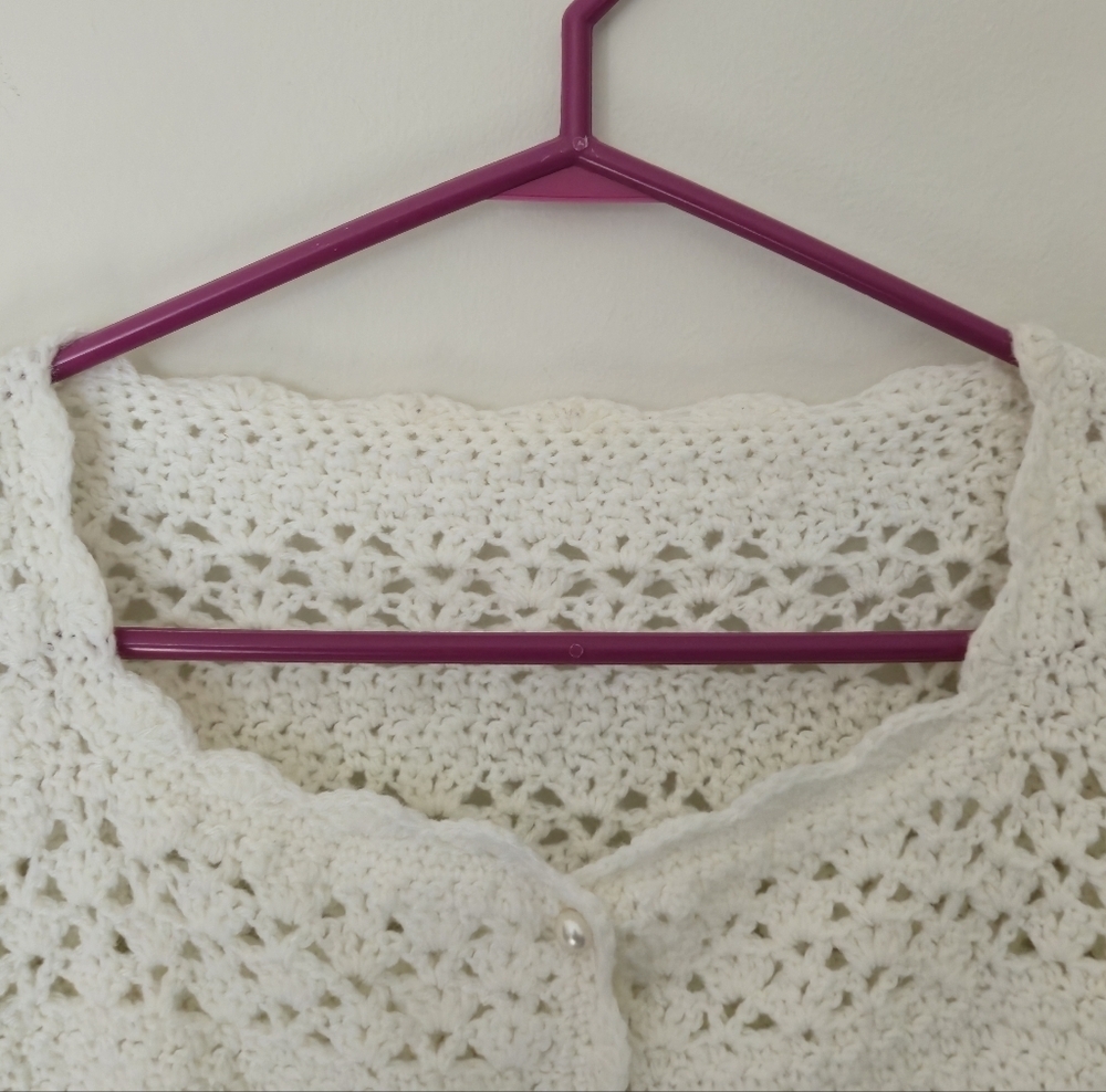 Vintage Crochet Longline Cardigan Pearl Button Coquette White L/XL - Picture 4 of 14